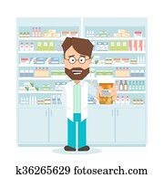smiling pharmacist in pharmacy. shelves with medications. Flat isolated illustration