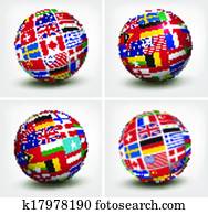 banderas del mundo, en, globe., vector, illustration.