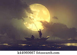 fishermen with fishing rod on boat and big moon on background fishermen with fishing rod on boat and big moon on background