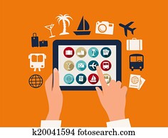Hands touching a tablet with vacation and travel icons. Vector.