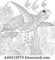 Zentangle stylized turtle and fish Zentangle stylized turtle and fish