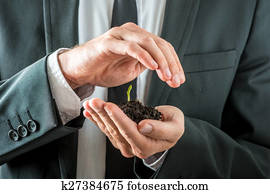 Businessman nurturing a germinating seedling