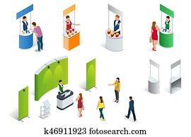 Isometric set of Promotion Stands on a white background. Vector exhibition or trade show booth Isometric set of Promotion Stands on a white background. Vector exhibition or trade show booth