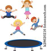 kartons, mazliet, bērns, playing, trampoli