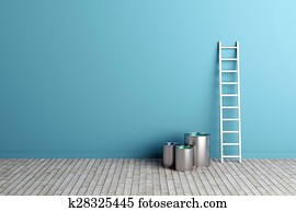 ladder and paint buckets by the wall ladder and paint buckets by the wall
