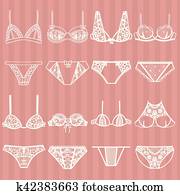 אוסף, של, lingerie., פאנטי, ו, חזייה, set.
