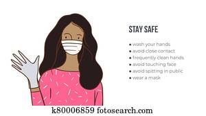 mujer, llevando, médico, máscara cara, y, guantes, vector, illustration.