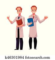 Two doctors in medical coats, holding folder and clipboard