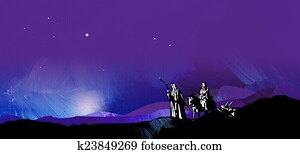 Graphic starry night journey to Bethlehem