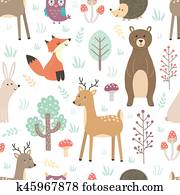 יער, seamless, תבנית, עם, חמוד, בעלי חיים