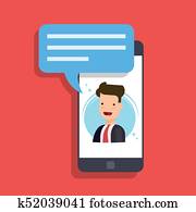 concepto, de, un, entrante, mensaje, en, un, móvil, teléfono., hombre de negocios, o, director, habla, en, el, smartphone, screen., vídeo, llamada, o, conference.