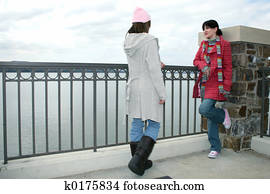 faculdade, meninas, falando, em, a, lago