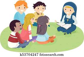 stickman, adolescentes, monja, aire libre, estudio de biblia