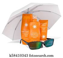 Sunscreen products with sunglasses under sun umbrella. 3D rendering Sunscreen products with sunglasses under sun umbrella. 3D rendering
