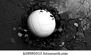 Volleyball ball breaking forcibly through a black wall. 3d illustration. Volleyball ball breaking forcibly through a black wall. 3d illustration.