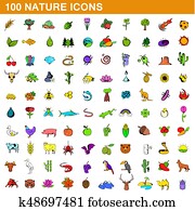 100 nature icons set, cartoon style 100 nature icons set, cartoon style