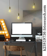 Modern workspace with computer and bulbs Modern workspace with computer and bulbs