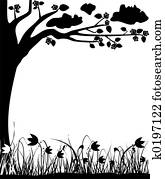 Blossoming tree and tulips, spring, frame Blossoming tree and tulips, spring, frame