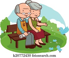 Senior couple sitting on a bench at the park. Vector illustration