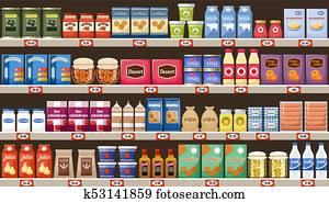 Supermarket, shelves with products and drinks Supermarket, shelves with products and drinks