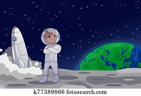 Astronaut or cosmonaut standing on the moon alongside the USA flag with a rocket in the background. Earth rising in the background. Cartoon style. Colorful Vector illustration. Astronaut or cosmonaut standing on the moon alongside the USA flag with a rocket in the background. Earth rising in the background. Cartoon style. Colorful Vector illustration.