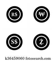 Coins Icon, real brazil, wons, Singapore Dollars