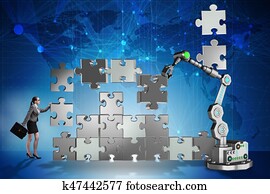 executiva, fazendo, quebra-cabeça, com, braço robótico