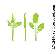 Healthy Food Icon with Cutlery and Leaves Healthy Food Icon with Cutlery and Leaves