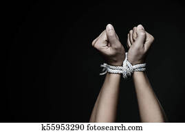 mujer del primer, manos, eran, atado, con, un, rope., violencia, aterrorizado, derechos humanos, día, concept.