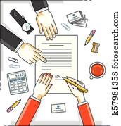 Business woman signs contract paper document or bank customer write a sign on financial form of money credit and employee helps her and explains the terms of loan, top view of people hands. Vector.