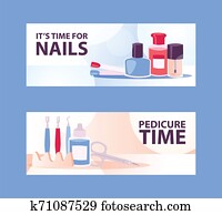 caricatura, mulher, manicure, banners., bonito, femininas, pregos, passo, por, step., prego, limpador, tesouras, traficante cutícula, dedo pé, separador, e, polaco, illustration.