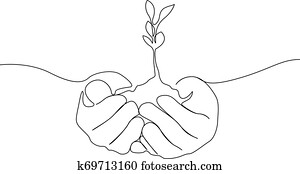 Continuous one line growing sprout in the hands of man, Eco concept Continuous one line growing sprout in the hands of man, Eco concept