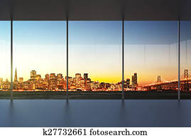 empty office interior at sunset with beautiful view