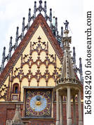 Gothic Wroclaw Old Town Hall  with column pillory on market square, Wroclaw, Poland.