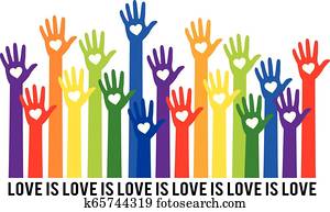 Rainbow hands with hearts, love is love, vector illustration