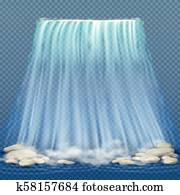 Realistic waterfall with blue clean water and stones, water rapids vector illustration Realistic waterfall with blue clean water and stones, water rapids vector illustration