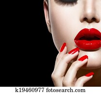 אדום, מיני, שפתיים, ו, ציפורניים, closeup., גזור, ו, איפור