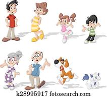 feliz, caricatura, família