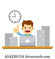 hombre de negocios, el gozar, trabajando, con, computador portatil, y, pila del papeleo