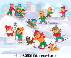 illustration of little children playing outdoors in winter illustration of little children playing outdoors in winter