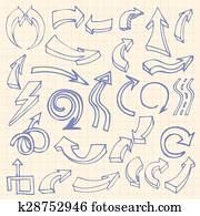 mano, dibujado, flechas, en, ajustado, cuaderno, página, plano de fondo, iconos, conjunto, de, garabato, vector, ilustración