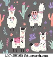 caricatura, lhama, alpaca, Seamless, padrão