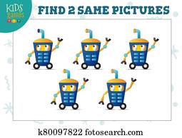 Find two same pictures kids game vector illustration. Find two same pictures kids game vector illustration.