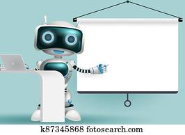 רובוט, אופי, הצגה, וקטור, רקע, design., רובוטי, 3d, אופי, להצביע, ו, להציג, ריק, לבן, מסך של מטול, עלה, יסוד, ל, כמו אדם, טכנולוגיה, design.