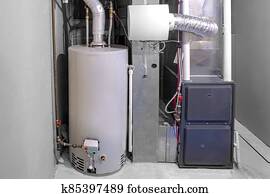A home high efficiency furnace with a residential gas water heater & humidifier. A home high efficiency furnace with a residential gas water heater & humidifier.