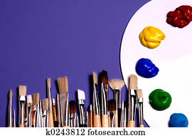 Artist Paint Palette with Paints and Brushes, Symbolic of Art Artist Paint Palette with Paints and Brushes, Symbolic of Art