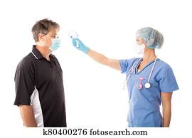 COVID-19 Doctor, nurse takes a patient temperature with infrared thermometer COVID-19 Doctor, nurse takes a patient temperature with infrared thermometer