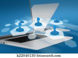 open laptop, en, netwerk, met, mensen in, roepen centrum