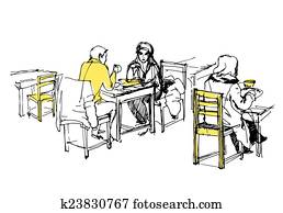 sketch of people having lunch