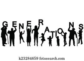 אנשים, צלליות, של, שונה, גילאים, להחזיק, ה, מכתבים, של, ה, מילה, דורות